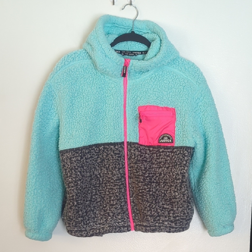 Justice‎ Fleece Blue Gray Full Zip Hooded Sweater Jacket Size L 12/14